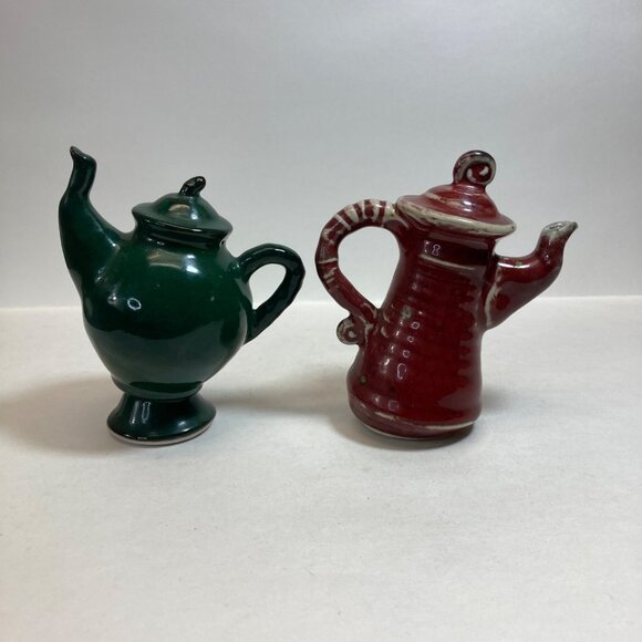 Handmade Ceramic Decorative Funky Teapots Green Maroon Signed Artisan Pottery - Picture 2 of 13